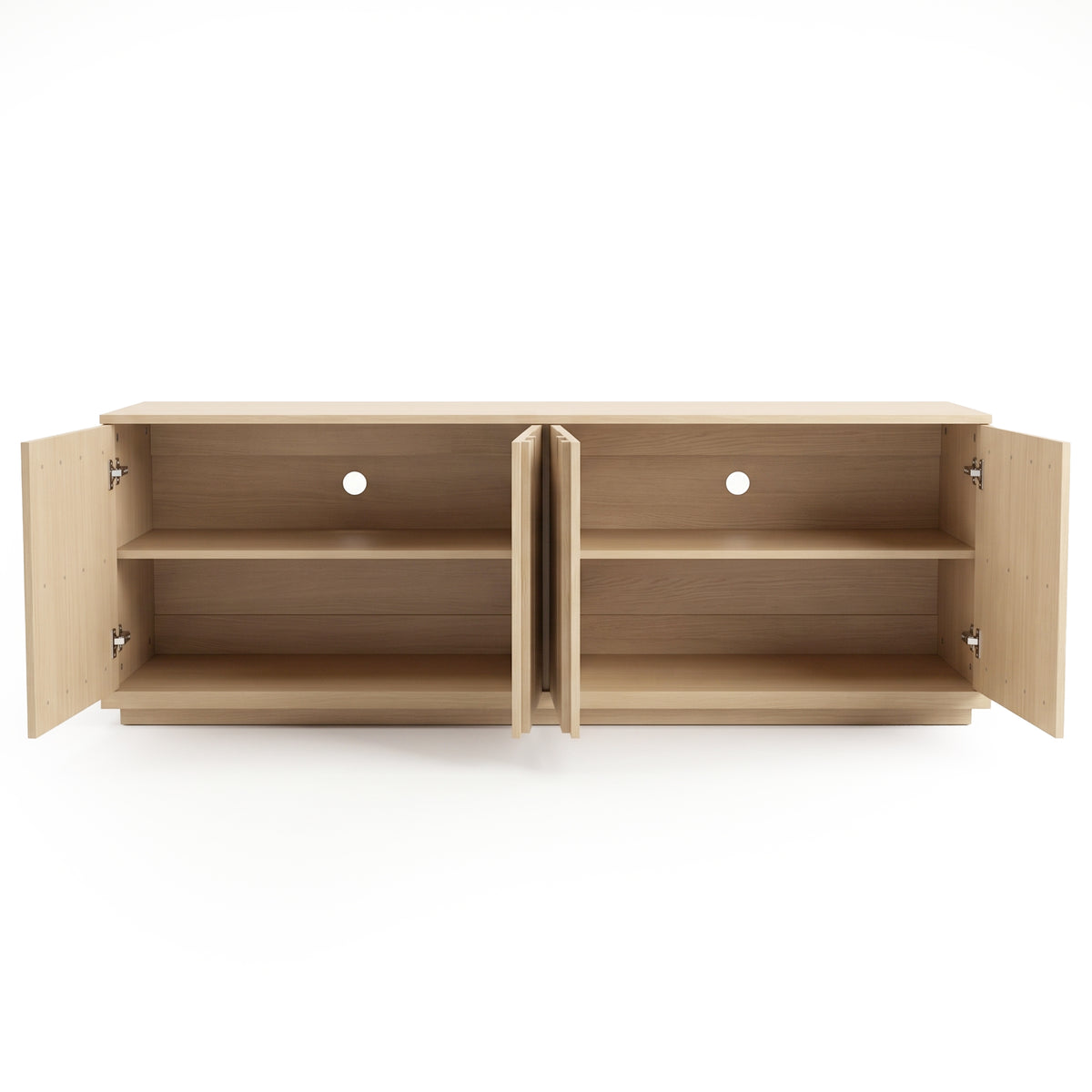 Open light wood storage cabinet on a white background