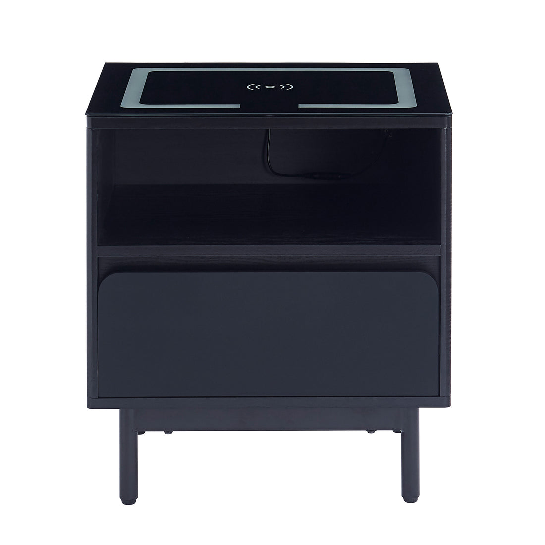 Zayn Smart Bedside with Wireless Charger in Black, featuring a built-in charging pad, open shelf, rounded-front drawer, and short tapered legs, showcasing a modern, compact design for enhanced functionality.