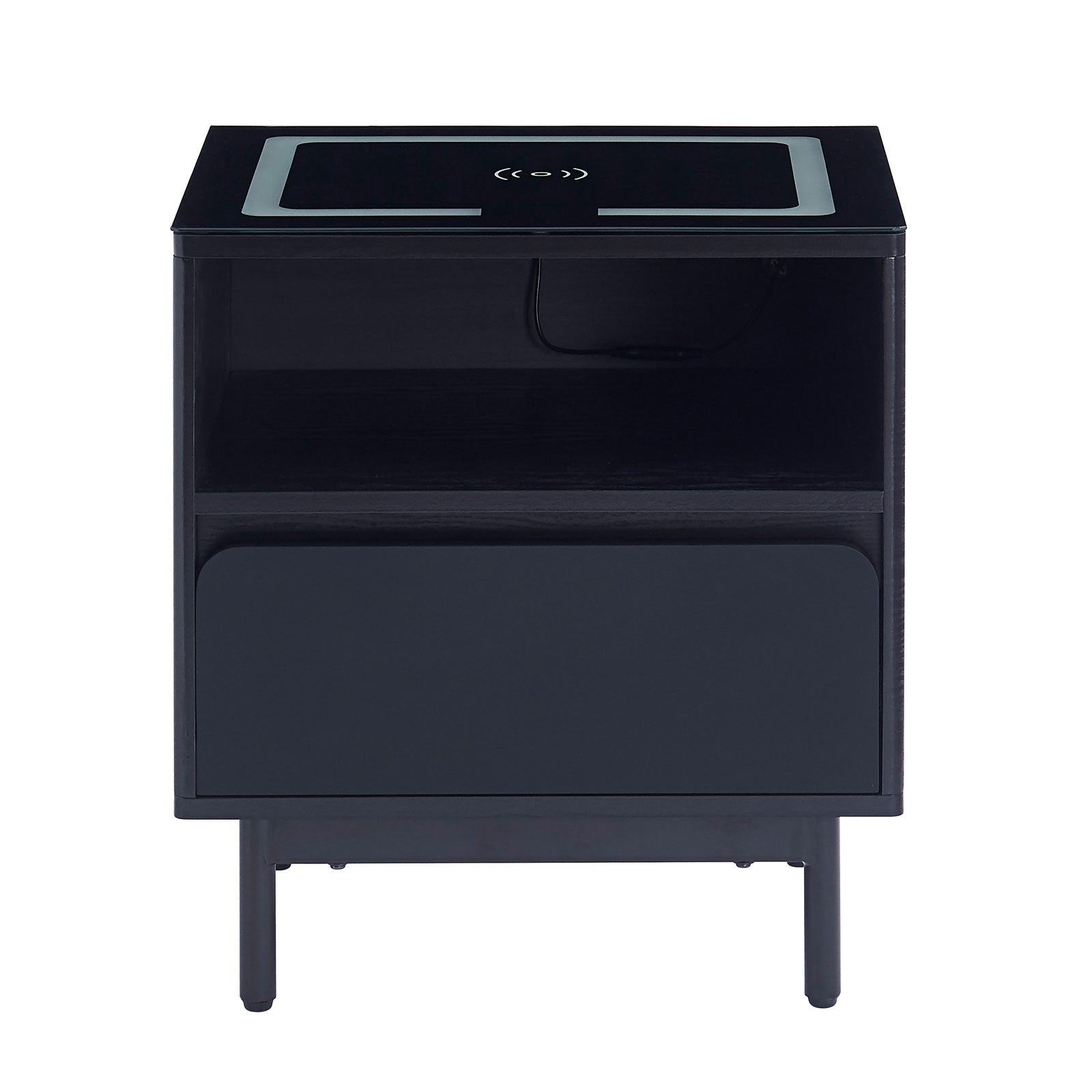 Zayn Smart Bedside with Wireless Charger in Black, featuring a built-in charging pad, open shelf, rounded-front drawer, and short tapered legs, showcasing a modern, compact design for enhanced functionality.