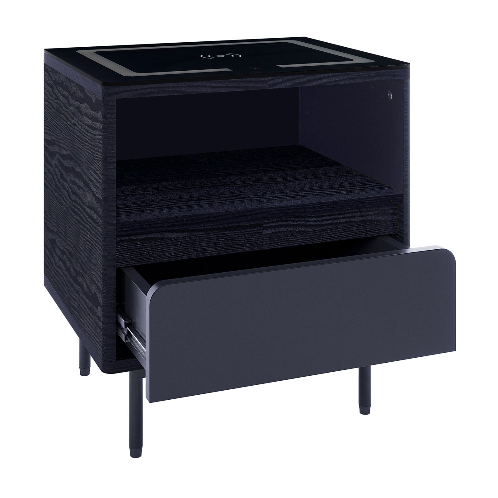 Zayn Smart Bedside Table in Black featuring a dark wood finish, cube shape, open cubby, single drawer, and Qi wireless charging pad on top, with slim legs for modern elegance.