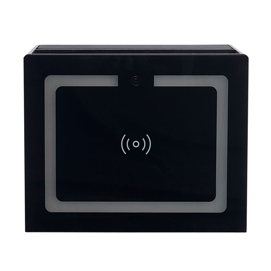 Zayn Smart Bedside with Wireless Charger in Black, featuring a sleek electronics box with a UV-C sanitizing chamber, power button, wireless charging symbol, and translucent frame for sterilizing small items.