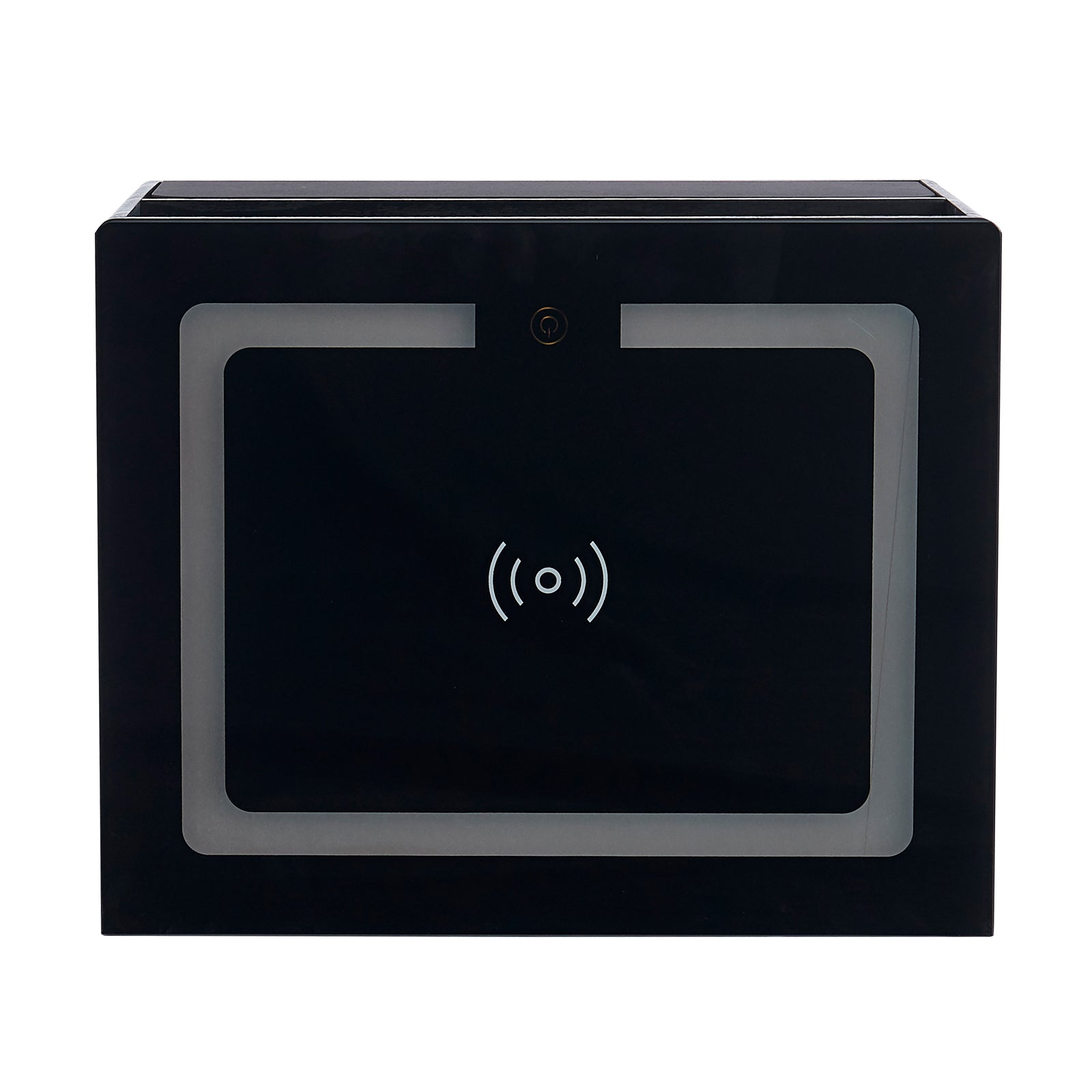Zayn Smart Bedside with Wireless Charger in Black, featuring a sleek electronics box with a UV-C sanitizing chamber, power button, wireless charging symbol, and translucent frame for sterilizing small items.