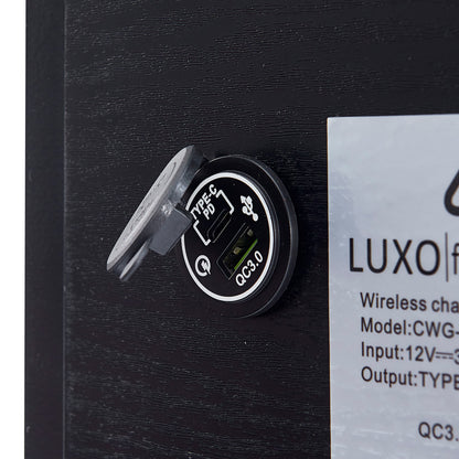 Zayn Smart Bedside with Wireless Charger in Black, featuring a built-in USB charging module with open flip-up cover, revealing USB-C and USB-A ports for efficient device charging.