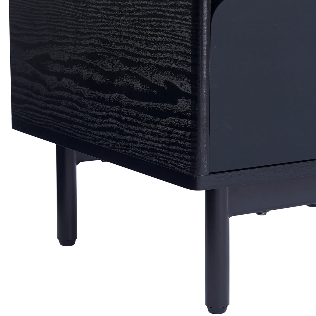 Close-up of the Zayn Smart Bedside Table with Wireless Charger in Black, showcasing its black wood-grain cabinet on slim metal legs, emphasizing modern design and functionality.