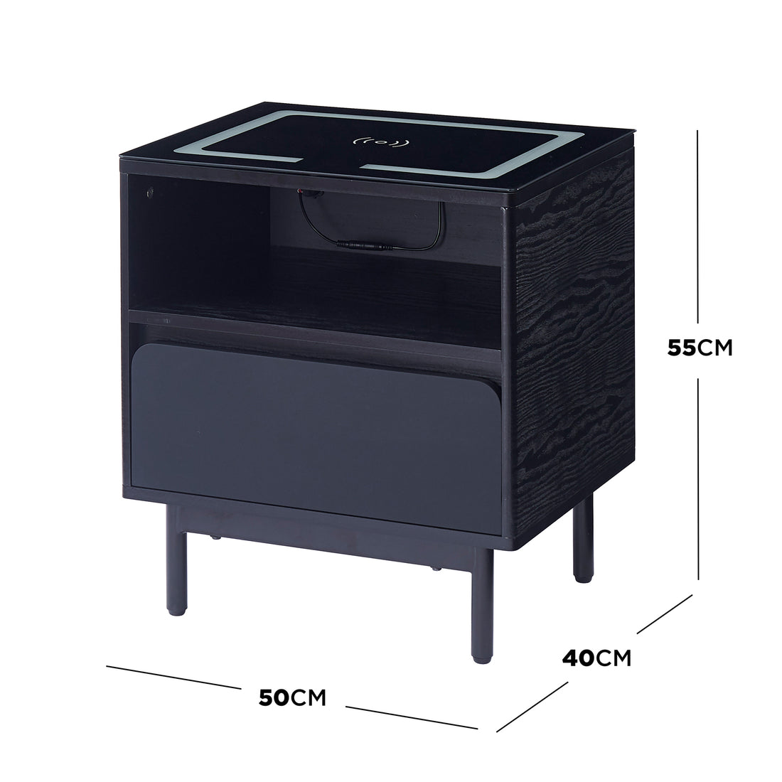 Zayn Smart Bedside Table with Wireless Charger in Black, featuring a wireless charging pad, open shelf, drop-down compartment, and four metal legs, showcasing a modern and functional design.