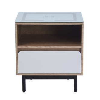 Zayn Smart Bedside Table with Wireless Charger, showcasing a sleek glass-top design with built-in wireless charging, an open shelf, and a drawer for storage, emphasizing modern functionality and style.