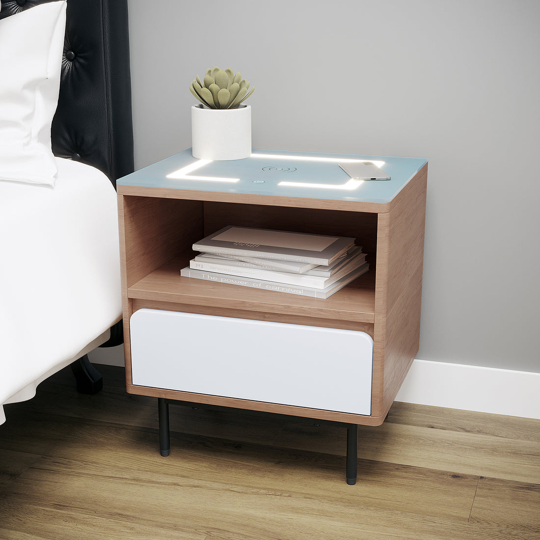 Zayn Smart Bedside Table with Wireless Charger White Natural, featuring a sleek design with a drawer and open shelf, integrated wireless charging, and a touch panel for LED light adjustments.