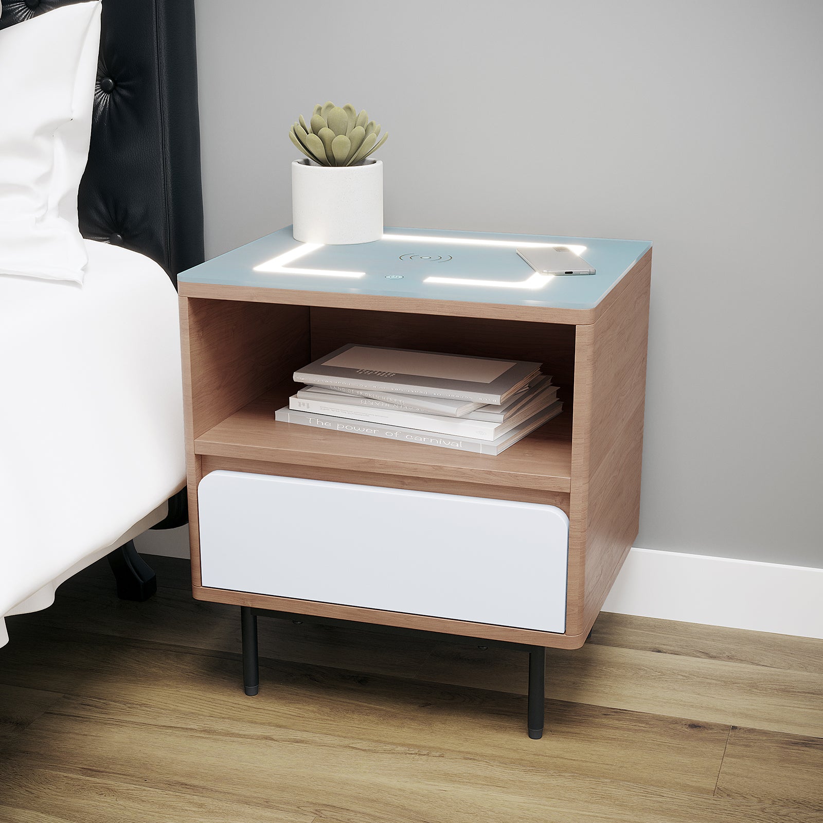 Zayn Smart Bedside Table with Wireless Charger White Natural, featuring a sleek design with a drawer and open shelf, integrated wireless charging, and a touch panel for LED light adjustments.