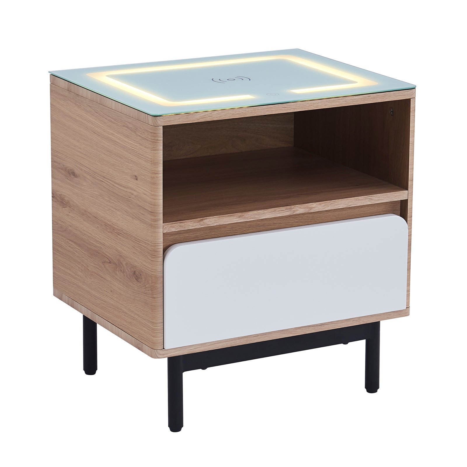 Close-up of Zayn Smart Bedside Table with Wireless Charger, showcasing its sleek, modern design with an open shelf and drawer, crafted from engineered wood, tempered glass, and metal.