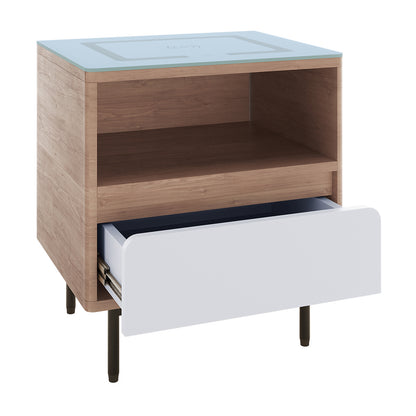 Zayn Smart Bedside Table with Wireless Charger, showcasing a sleek design with a glass top, open shelf, and drawer. Features integrated Qi charger and LED touch panel, emphasizing modern functionality.