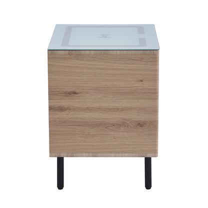 Zayn Smart Bedside Table with Wireless Charger, featuring a sleek side view with a visible drawer and open shelf, highlighting the modern design and functionality of the table.