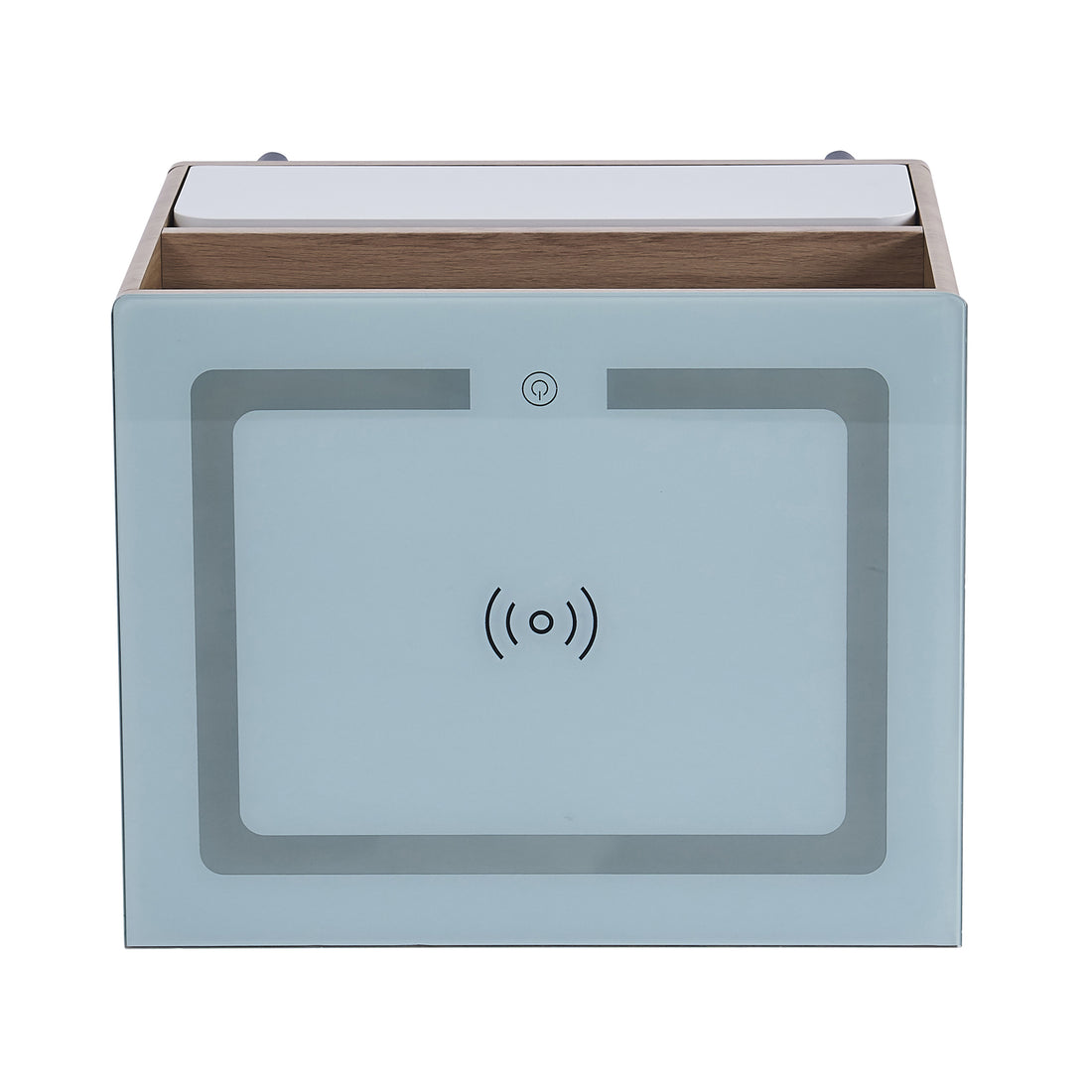 Zayn Smart Bedside Table with Wireless Charger features a sleek wood surface, integrated screen control, and a circular wireless charging area, enhancing modern bedroom functionality.