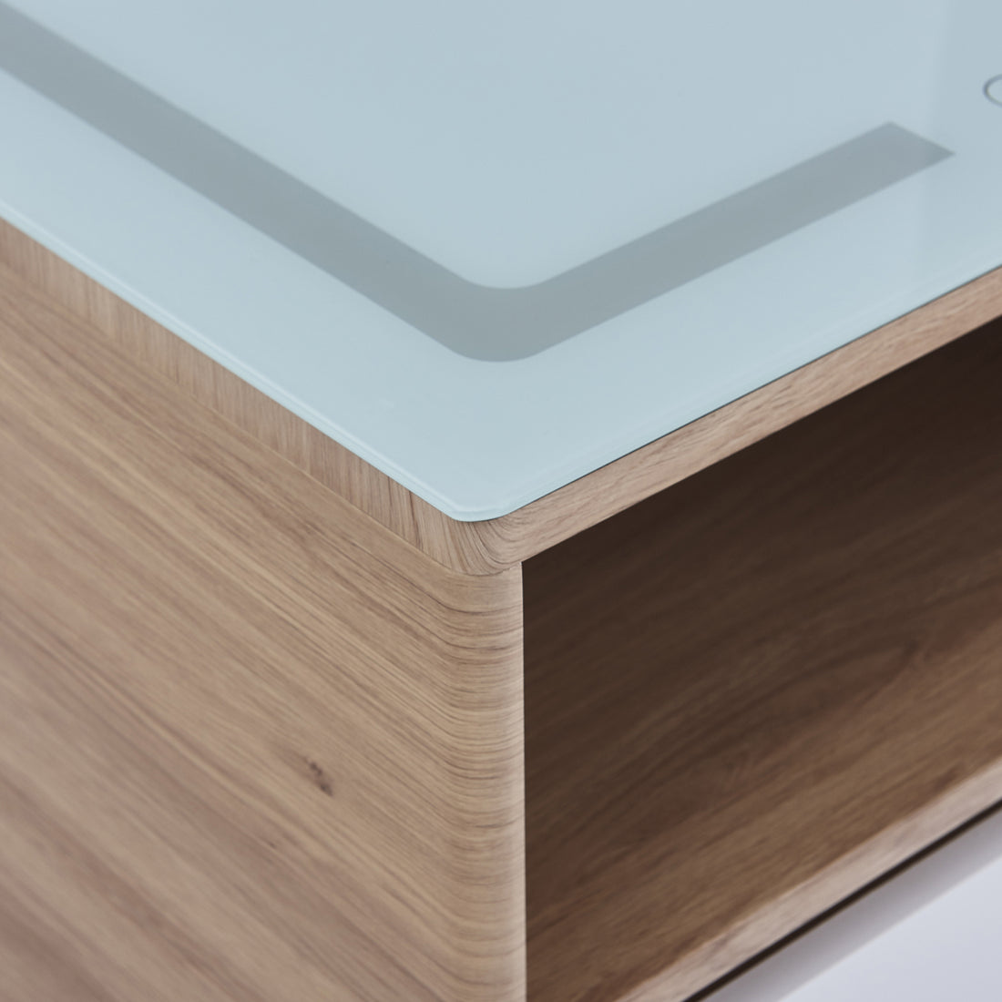 Zayn Smart Bedside Table with Wireless Charger features a sleek, modern design crafted from engineered wood. Includes an open shelf, drawer, and integrated wireless charging on the tabletop.