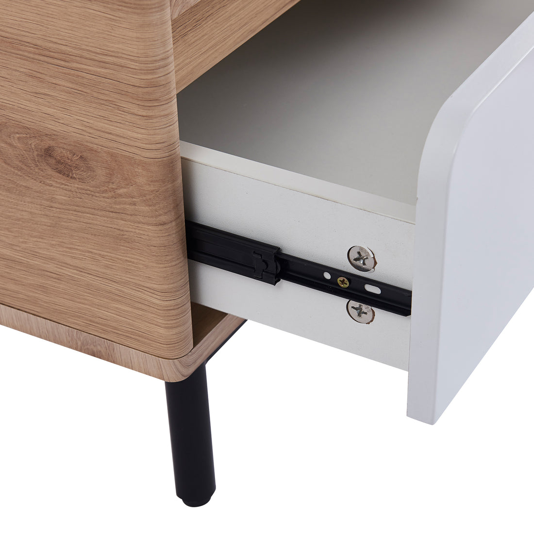 Zayn Smart Bedside Table with Wireless Charger featuring a sleek design, visible open shelf, and drawer with a close-up on the tabletop’s charging area and wood surface detailing.