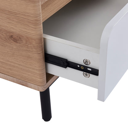 Zayn Smart Bedside Table with Wireless Charger featuring a sleek design, visible open shelf, and drawer with a close-up on the tabletop’s charging area and wood surface detailing.