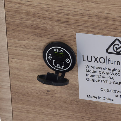 Close-up of the Zayn Smart Bedside Table with Wireless Charger, highlighting the sleek design with a Qi wireless charger on the tabletop and a black triangle with a check mark symbol.