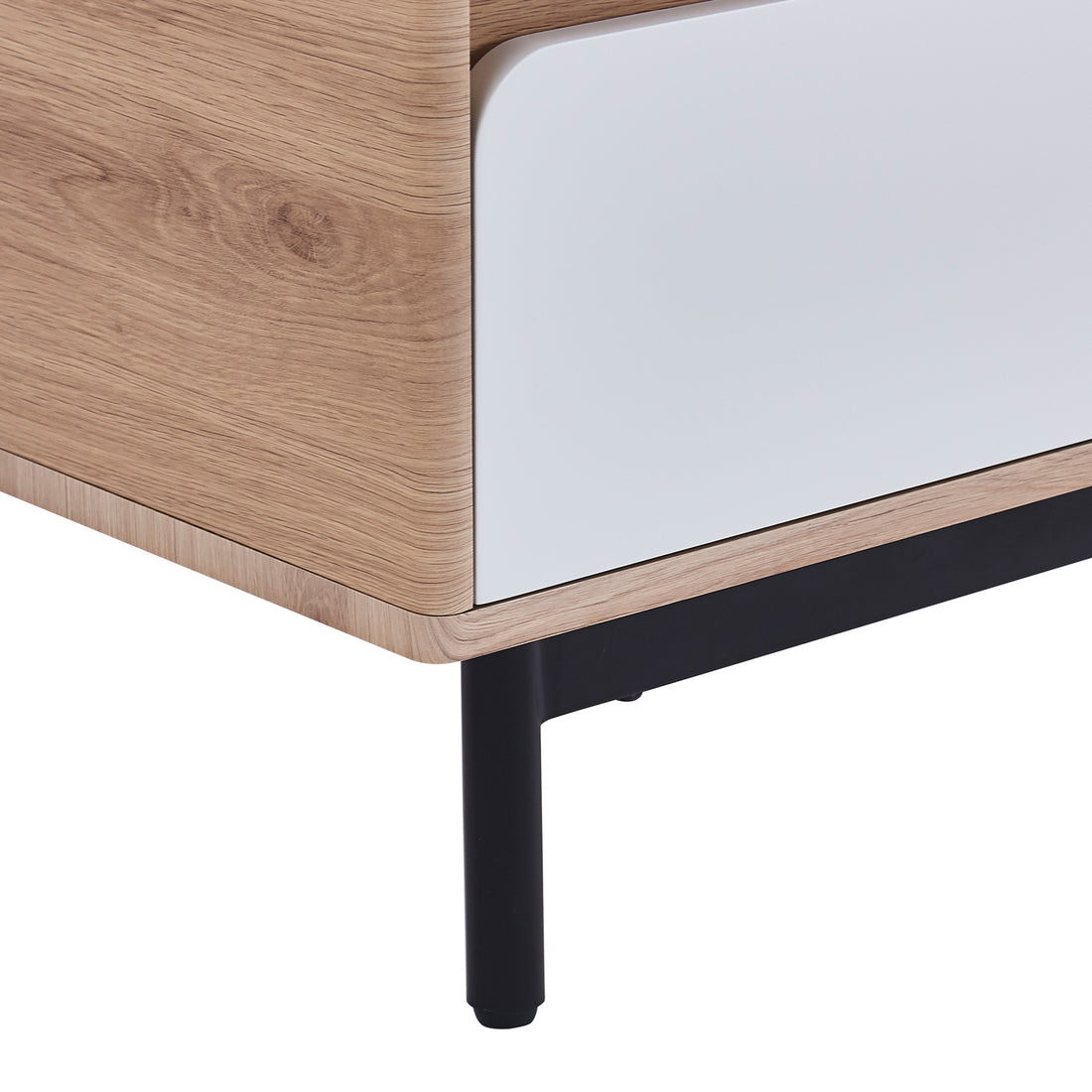 Zayn Smart Bedside Table with Wireless Charger features a sleek design with a wood and white surface, visible open shelf, and drawer, highlighting its modern aesthetic and practical storage options.