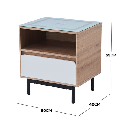 Zayn Smart Bedside Table with Wireless Charger White Natural, showcasing its wooden structure with a sleek glass top, open shelf, and a spacious drawer for storage.