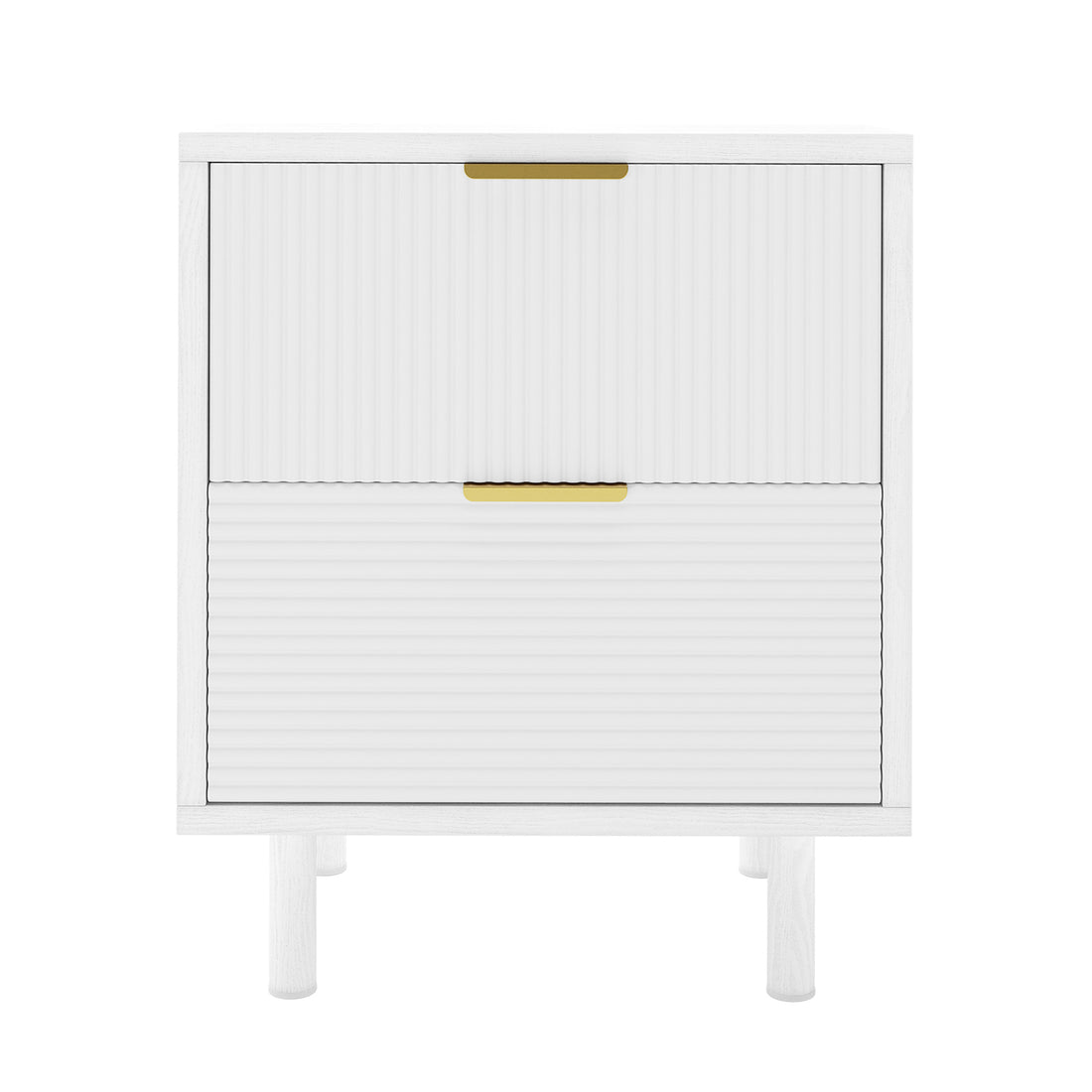 Zuriel 45cm Bedside Table with Drawers, featuring a white finish, two tambour-style doors with brass handles, and four short round legs, offering a sleek and modern storage solution.