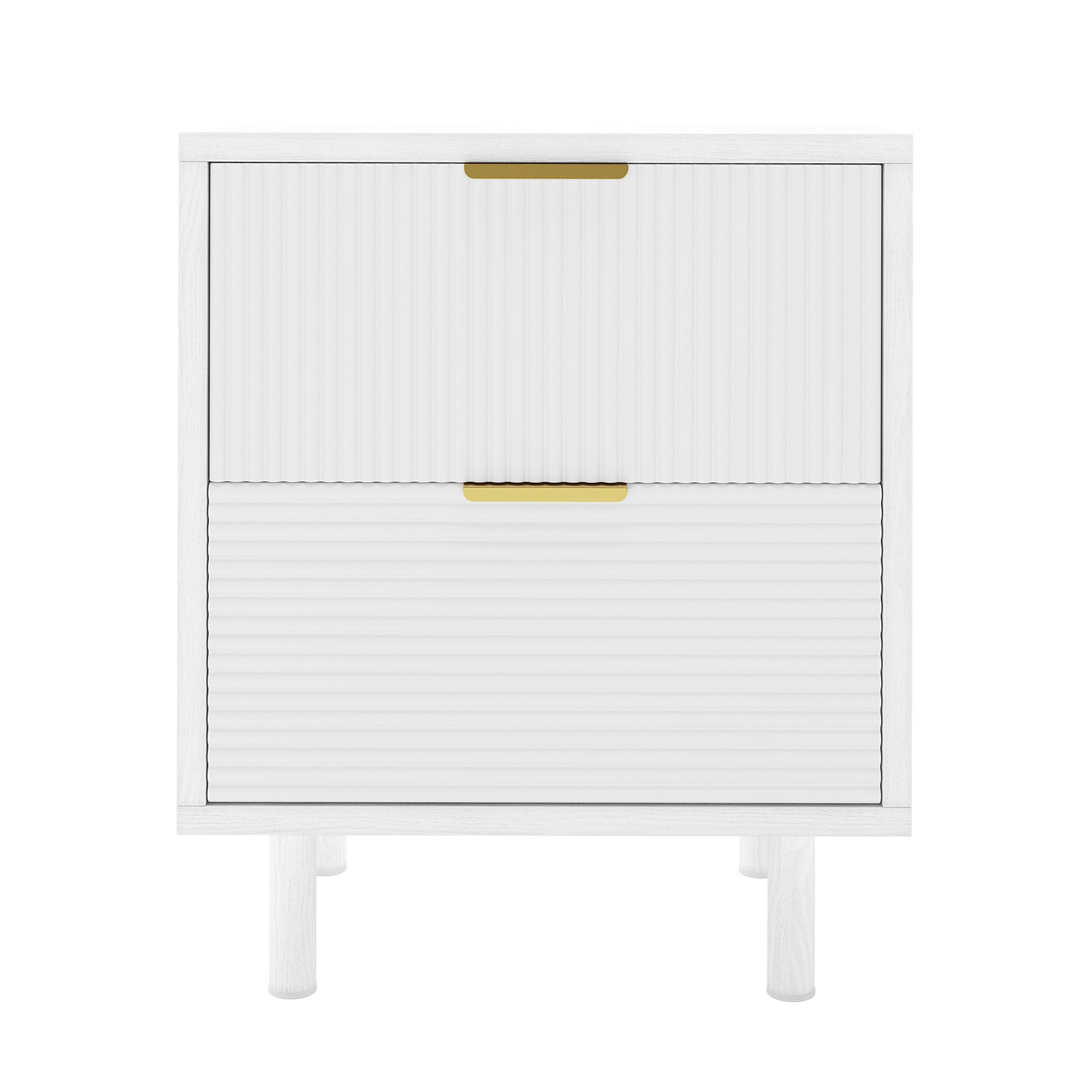 Zuriel 45cm Bedside Table with Drawers, featuring a white finish, two tambour-style doors with brass handles, and four short round legs, offering a sleek and modern storage solution.