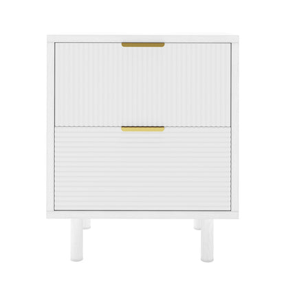 Zuriel 45cm Bedside Table with Drawers, featuring a white finish, two tambour-style doors with brass handles, and four short round legs, offering a sleek and modern storage solution.