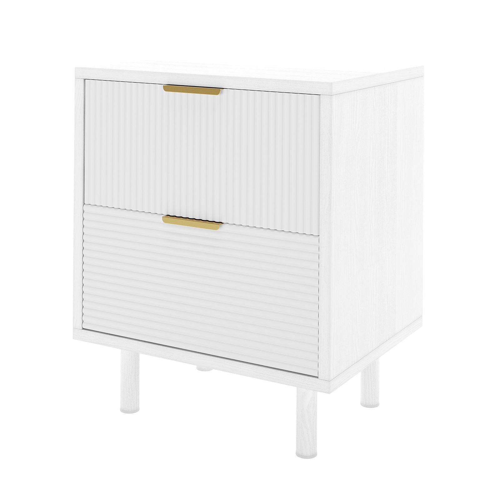 Zuriel 45cm Bedside Table with Drawers in White, features a modern design with two ribbed-texture drawers, brass-tone pulls, and round wooden legs, offering a sleek and minimalist aesthetic.