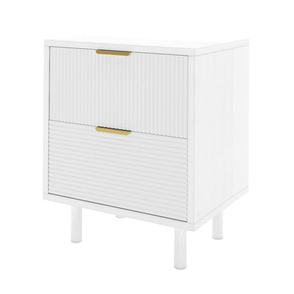 Zuriel 45cm Bedside Table with Drawers in White, features a modern design with two ribbed-texture drawers, brass-tone pulls, and round wooden legs, offering a sleek and minimalist aesthetic.