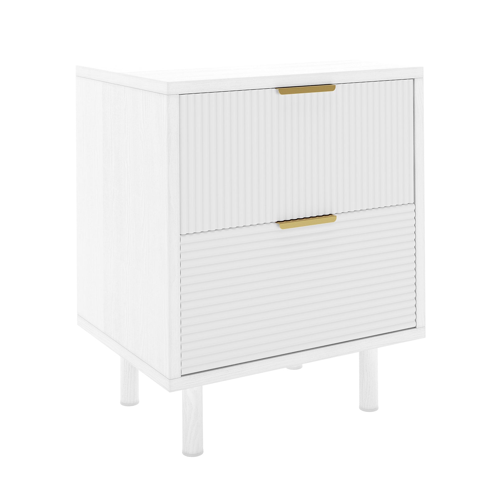Zuriel 45cm Bedside Table with Drawers in White, featuring a simple box frame on round legs, two ribbed-front compartments with slim brass handles, offering sleek design and practical storage.