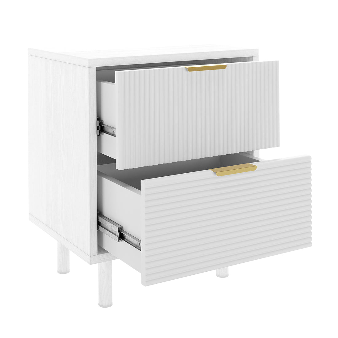 Zuriel 45cm Bedside Table with Drawers in White, featuring fluted drawer fronts, slim brass-colored pulls, and short round legs, with both drawers slightly open, showcasing a modern design.
