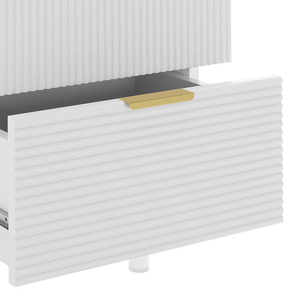 Close-up of the Zuriel 45cm Bedside Table with Drawers in White, showcasing a partially open drawer with horizontal ribbed texture, gold-colored pull, visible metal slides, and a small round foot.
