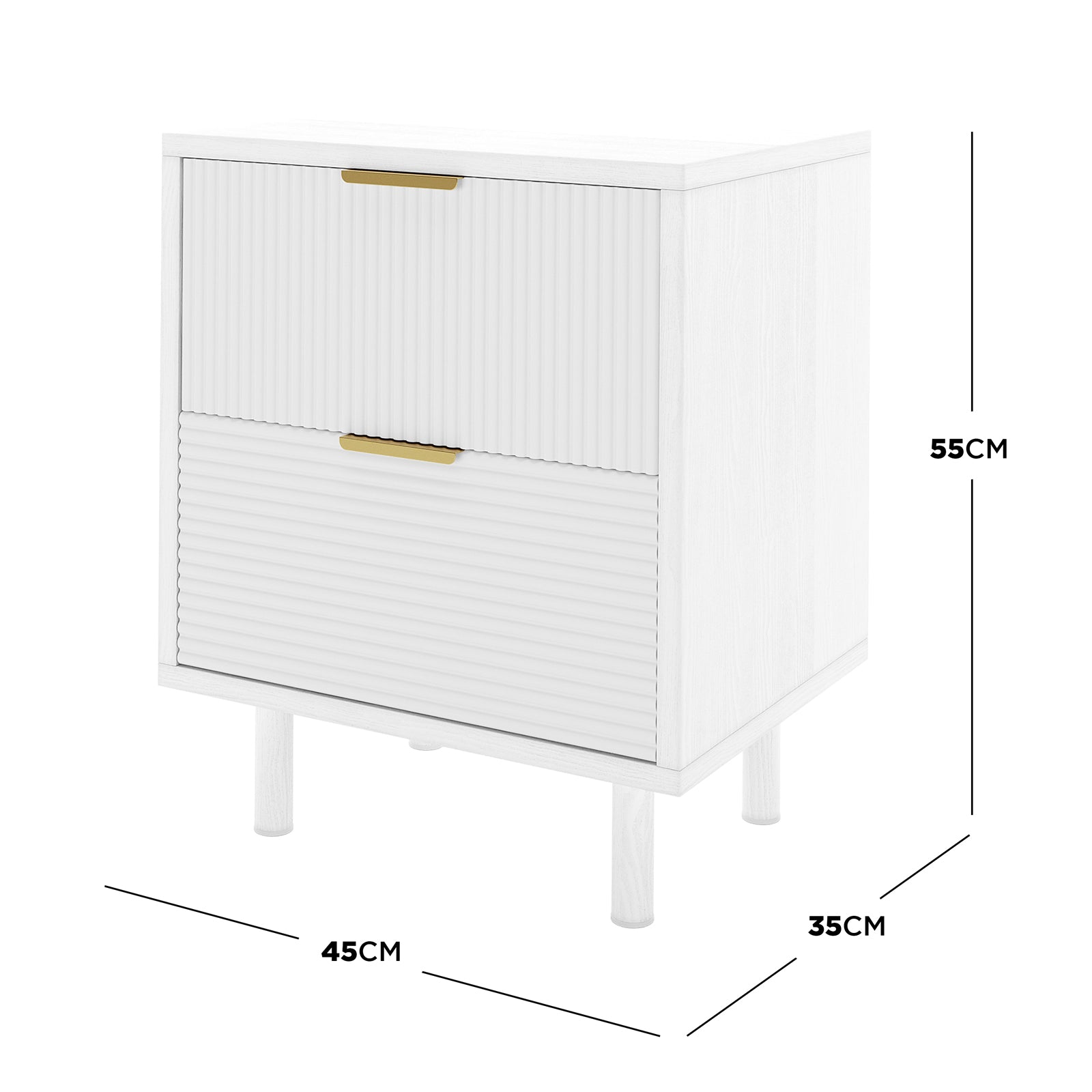 Zuriel 45cm Bedside Table with Drawers in White features a compact design with two vertically ribbed drawers, slim brass-tone handles, and short round legs, offering a modern storage solution.