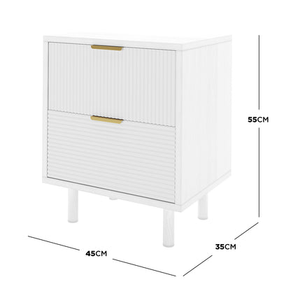 Zuriel 45cm Bedside Table with Drawers in White features a compact design with two vertically ribbed drawers, slim brass-tone handles, and short round legs, offering a modern storage solution.