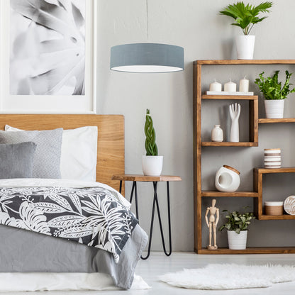 Akiko 3-Light Metal Pendant Light Grey, featuring a large cylindrical shade with a sleek chrome-finished base, stylishly suspended, ideal for contemporary living or dining spaces.