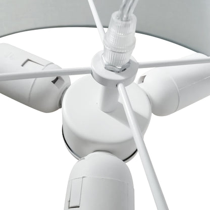 Close-up of the Akiko 3-Light Metal Pendant Light, showcasing its stylish mid-century design with a large drum-shaped shade and chrome-finished metal base, highlighting its modern, versatile appeal.