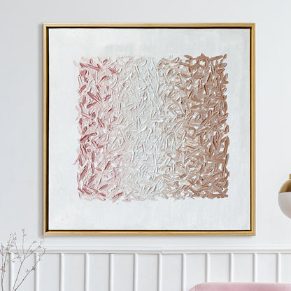 Amelia 80x80cm Framed Textured Canvas 3D Wall Art features a white canvas with textured dusty rose to beige brush-strokes, slim gold frame, enhancing any space with modern elegance.