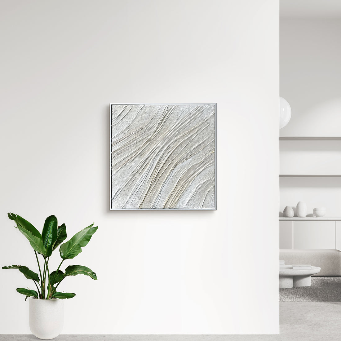 Anya Abstract Textured Wall Art displayed in a contemporary living space, demonstrating how its flowing patterns and depth enhance a modern interior design.