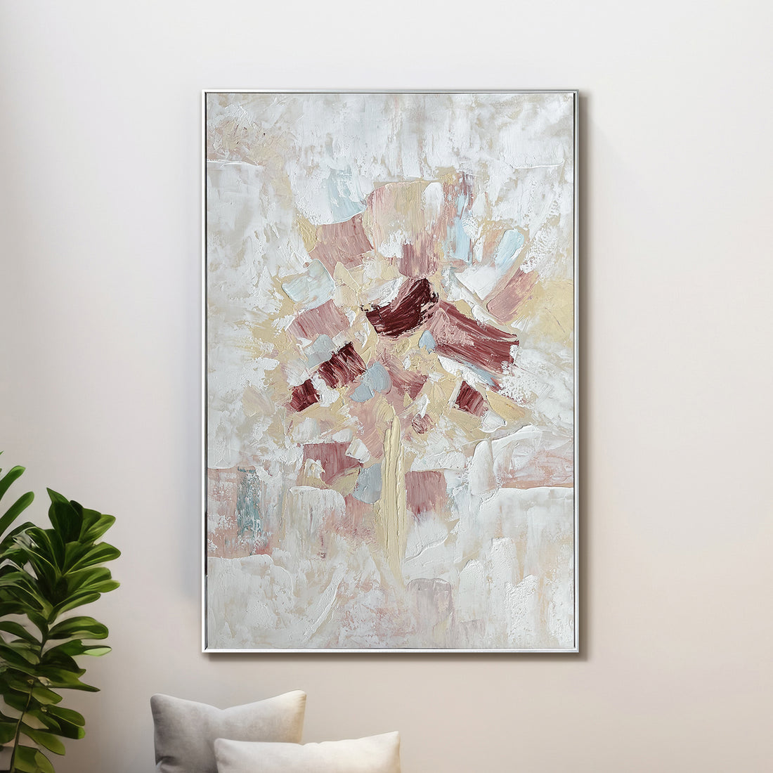 Bloom Abstract Textured Framed Canvas Wall Art displayed in a living room, enhancing the space with its abstract floral-inspired design and neutral color palette, complementing contemporary decor.