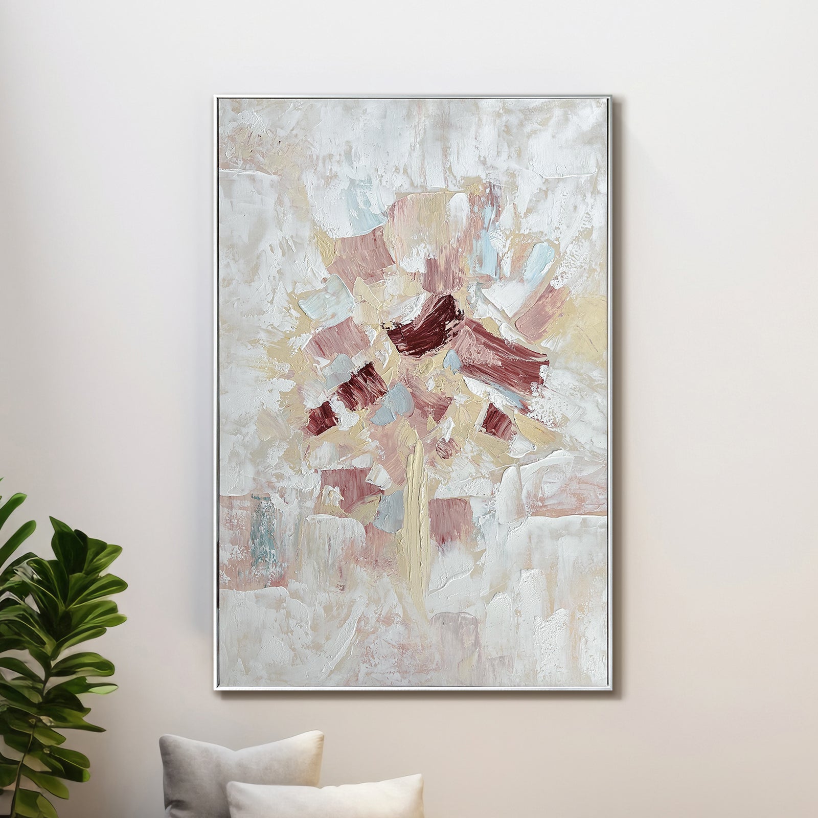 Bloom Abstract Textured Framed Canvas Wall Art displayed in a living room, enhancing the space with its abstract floral-inspired design and neutral color palette, complementing contemporary decor.
