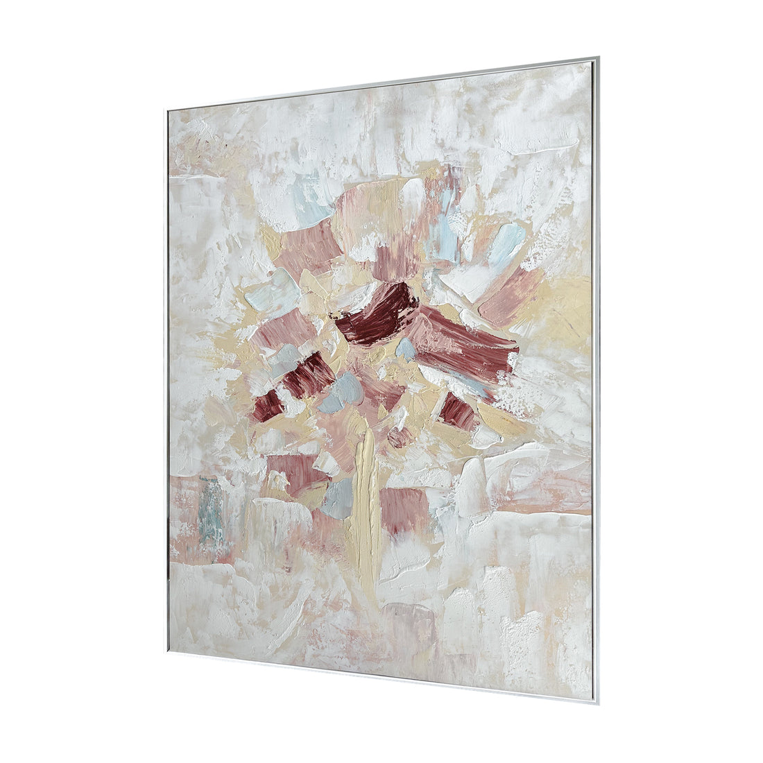 Bloom Abstract Textured Framed Canvas Wall Art from an angled perspective, highlighting its distinctive 3D texture and hand-painted details, adding depth and artistic flair to any wall.