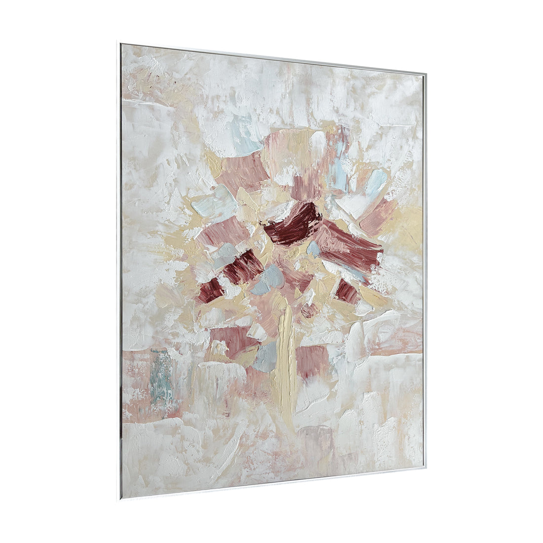 Bloom Abstract Textured Framed Canvas Wall Art from an angled perspective, highlighting its distinctive 3D texture and hand-painted details, adding depth and artistic flair to any wall.