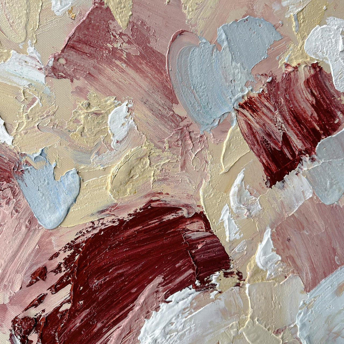 Close up of Bloom Abstract Textured Framed Canvas Wall Art, revealing intricate hand-painted details and the pronounced 3D texture of the abstract floral design, showing the quality of the poly-cotton canvas.