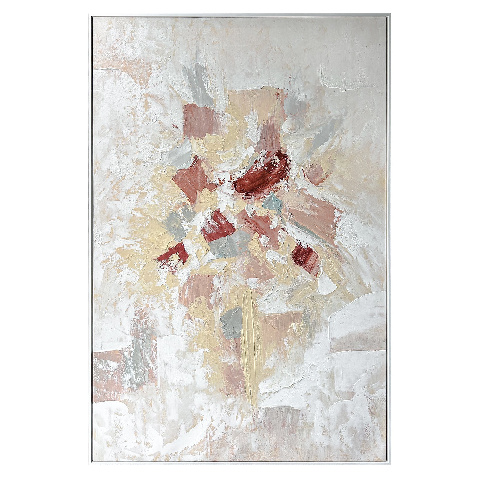 Bloom Abstract Textured Framed Canvas Wall Art, front view, showcasing soft cream, beige, terracotta, and muted grey tones with hand-painted 3D texture and a lightweight polystyrene frame, perfect for modern interiors.