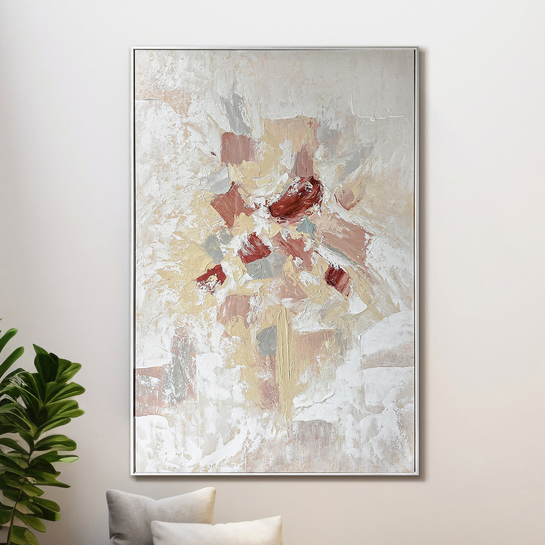 Bloom Abstract Textured Framed Canvas Wall Art displayed in a living room, enhancing the space with its abstract floral-inspired design and neutral color palette, complementing contemporary decor.