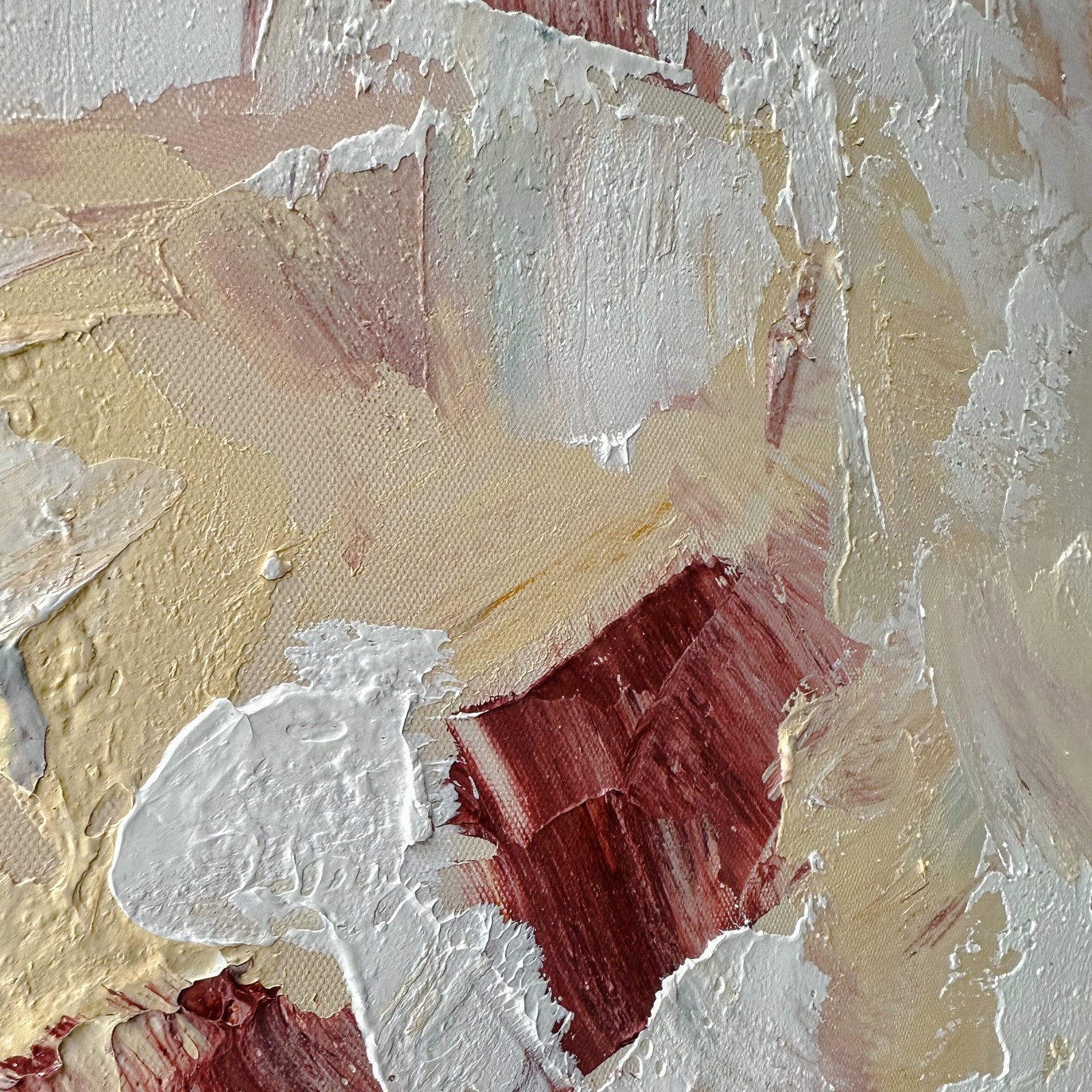 Close up of Bloom Abstract Textured Framed Canvas Wall Art, revealing intricate hand-painted details and the pronounced 3D texture of the abstract floral design, showing the quality of the poly-cotton canvas.