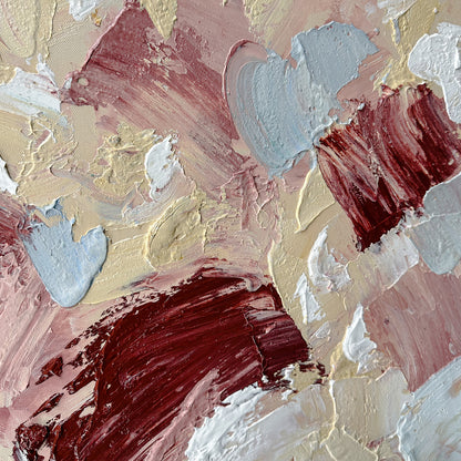 Close up of Bloom Abstract Textured Framed Canvas Wall Art, revealing intricate hand-painted details and the pronounced 3D texture of the abstract floral design, showing the quality of the poly-cotton canvas.