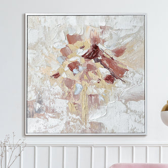 Bloom Abstract Textured Framed Canvas Wall Art displayed in a living room, enhancing the space with its abstract floral-inspired design and neutral color palette, complementing contemporary decor.