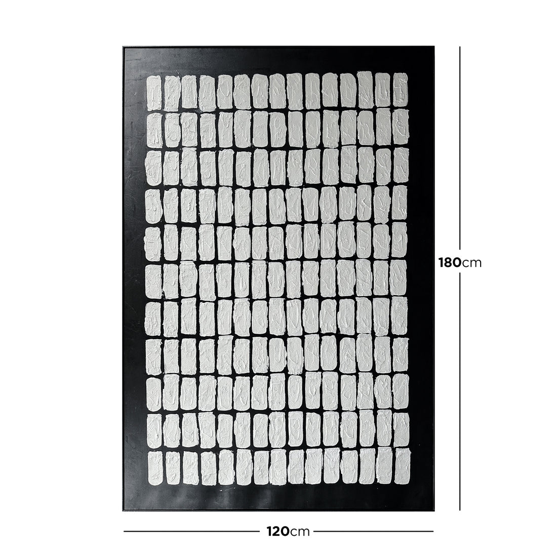 Elodie 100x150cm Framed Textured Canvas 3D Wall Art features a black panel with a grid of white, rectangular relief shapes, offering a minimalist, geometric design with hand-crafted texture.