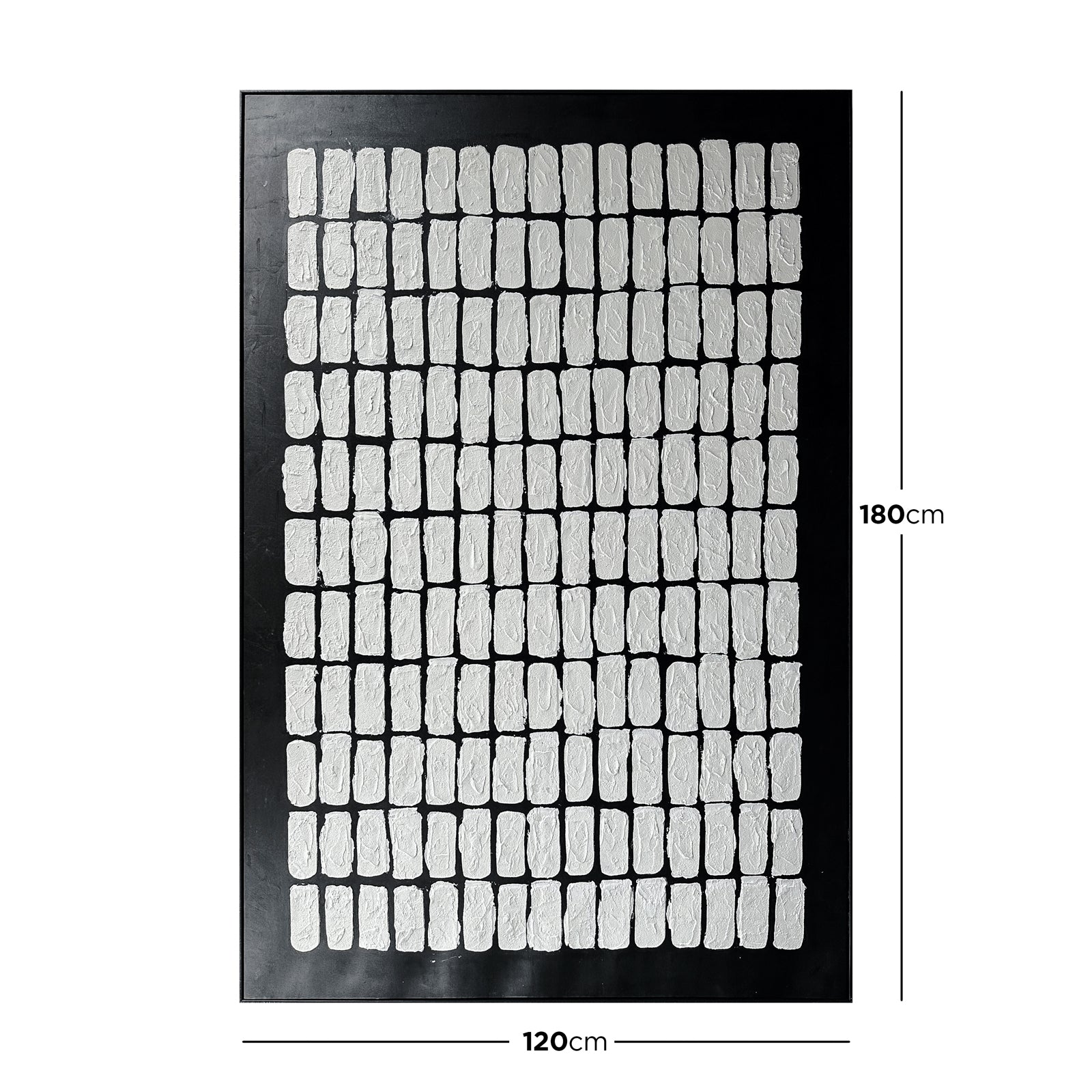 Elodie 100x150cm Framed Textured Canvas 3D Wall Art features a black panel with a grid of white, rectangular relief shapes, offering a minimalist, geometric design with hand-crafted texture.