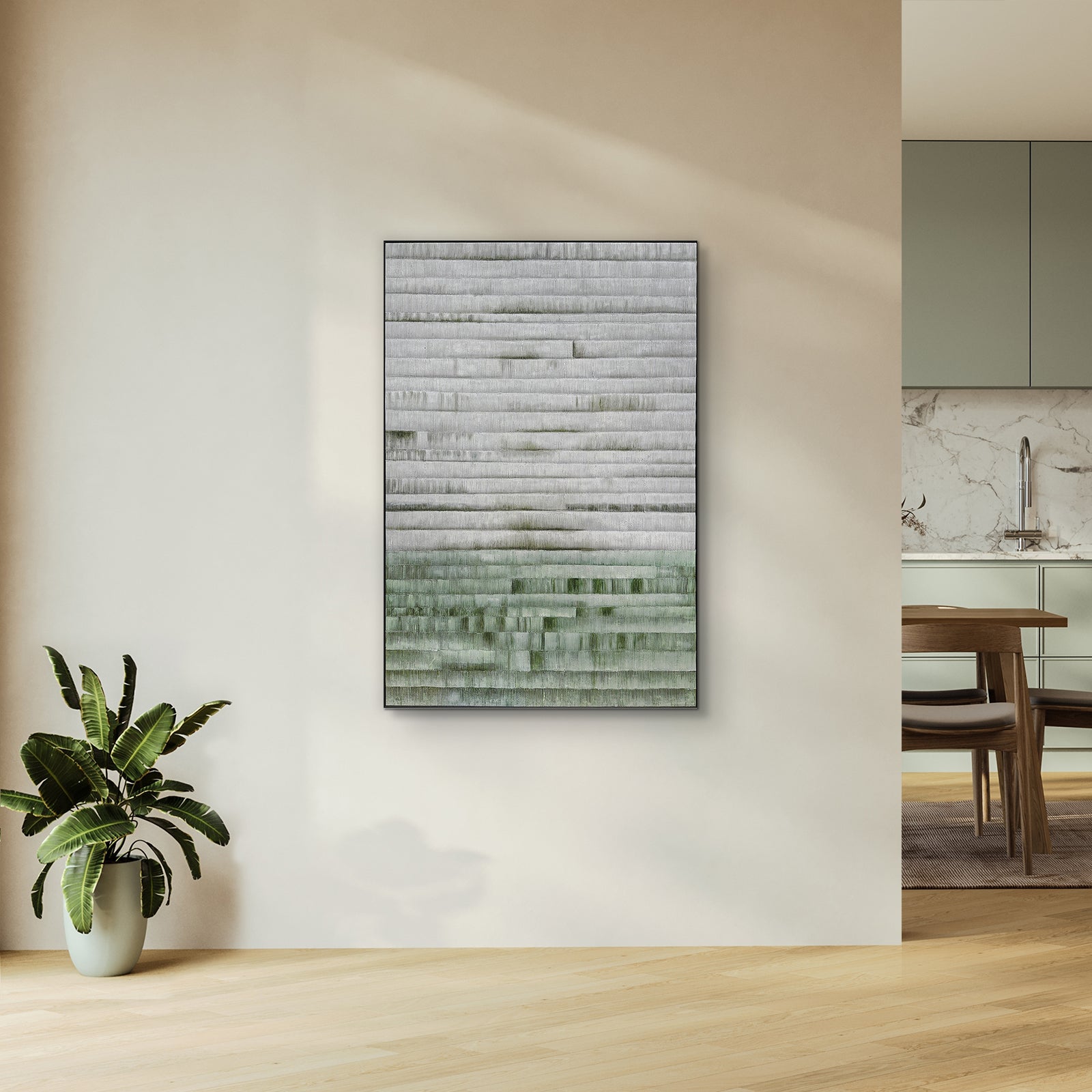 Emery Modern Framed Canvas displayed in a contemporary living space, demonstrating its elegant design and how its texture and colors enhance a calm, modern interior.