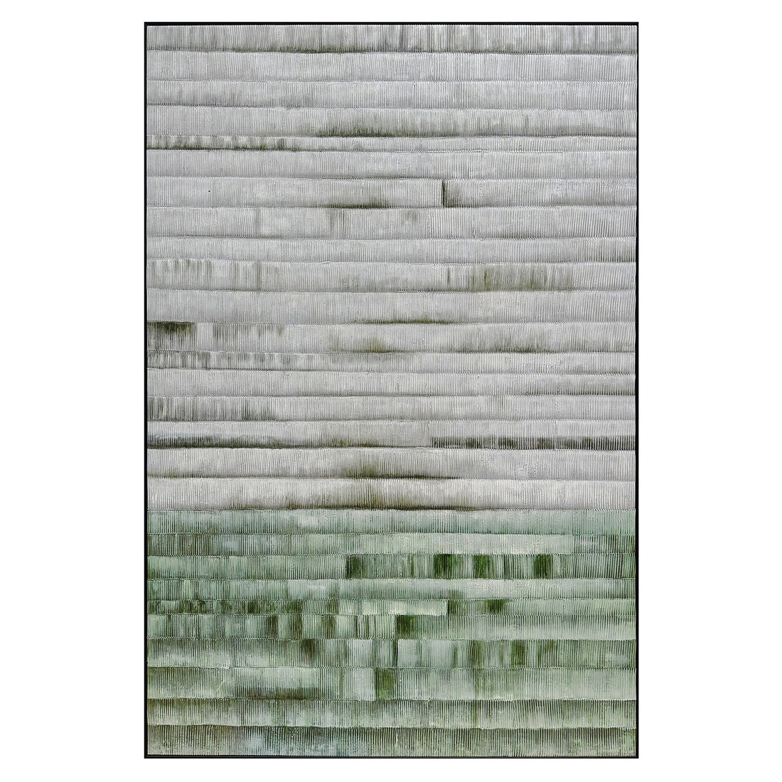 Front view of Emery Modern Framed Canvas, showcasing soft grey and green tones with a layered 3D texture and a harmonious gradient design for a serene modern feel.